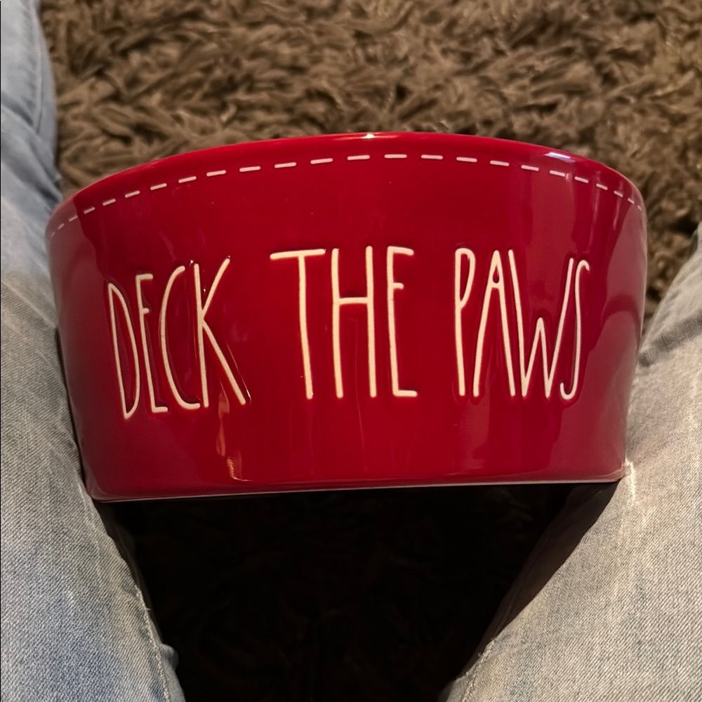 Red Rae Dunn Ceramic Pet Bowl with 'Deck the Paws' Design 20”